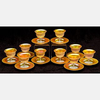 Frederick Carder Calcite with Gold Aurene Sherbert Cups and Saucer