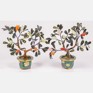 Pair of Chinese Jade Trees with Cloisonné Pots