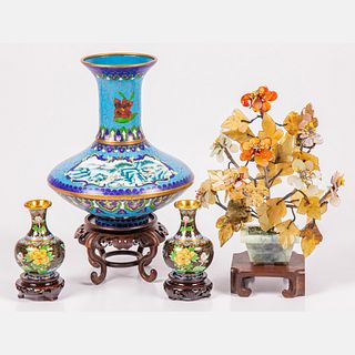 Three Chinese Cloisonné Vases on Carved Hardwood Stands