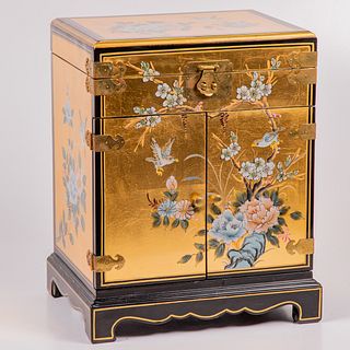 Chinese Lacquered Wood and Brass Diminutive Cabinet