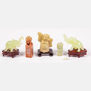 Japanese Carved Jade and Soapstone Figures and Chop