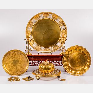 Collection of Asian Style Brass and Carved Wood Decorative Items