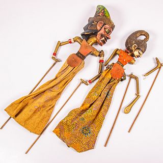 Two Indonesian Carved and Painted Wood Stick Puppets