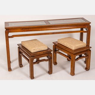 Contemporary Asian Style Stained Wood and Glass Top Combination Console Table