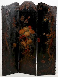 HAND PAINTED LEATHER THREE-PANEL SCREEN
