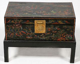 CHINESE LACQUER TRUNK ON STAND
