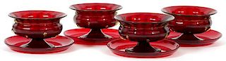 MURANO RUBY GLASS PEDESTAL BOWLS & STANDS FOUR SETS