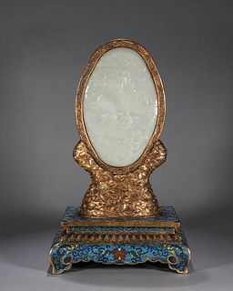 A farming patterned jade screen with cloisonne pedestal