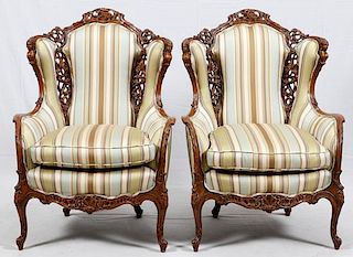 CARVED WALNUT & UPHOLSTERED ARMCHAIRS C. 1940 PAIR