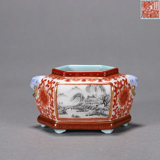 An iron red landscape porcelain water pot