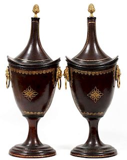 MAITLAND-SMITH TOOLED LEATHER COVERED URNS PAIR