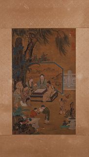 A Chinese figure silk scroll, Unknown mark