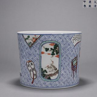 A blue and white crane porcelain brush pot