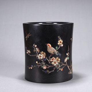 A gem-inlaid magpie and plum blossom red sandalwood brush pot