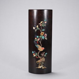 A gem-inlaid magpie and plum blossom red sandalwood arm rest