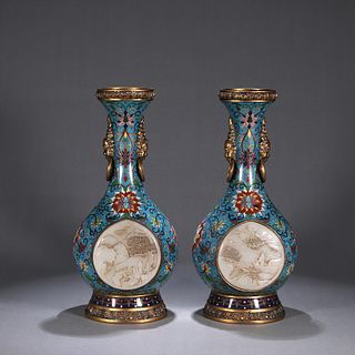 A pair of jade-inlaid figure cloisonne vases