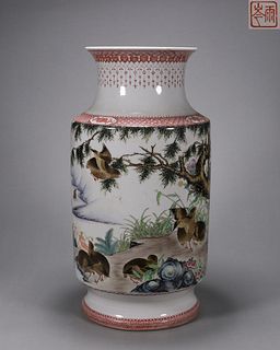 A multicolored quail porcelain lantern shaped vase