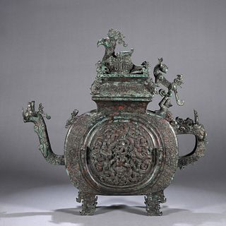 A kui dragon patterned bronze pot with phoenix bird lid