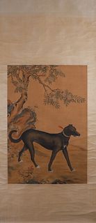 A Chinese dog silk scroll, Lang Shining mark