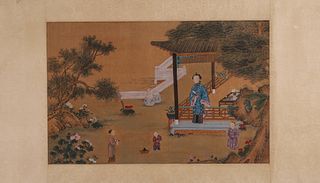 A Chinese figure silk scroll, Jiao Bingzhen mark