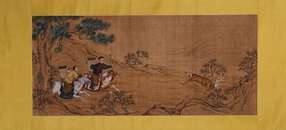 A Chinese hunting silk scroll, Lang Shining mark