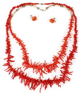 RED CORAL BRANCH NECKLACES & PAIR OF EARCLIPS