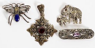 SILVER CROSS PENDANT & STERLING MARCASITE BROOCHES