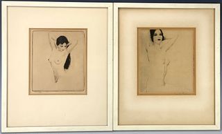 Pair of Art Deco Nude Etchings, Both Signed