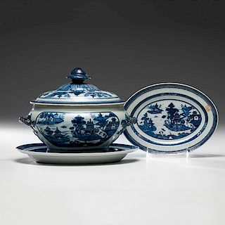 Chinese Export Blue & White Nanking Tureen and Undertrays 