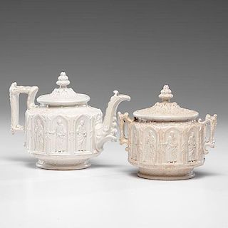 White Salt-Glazed Stoneware Apostle Teapot and Sugar 