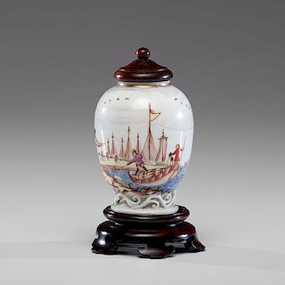 Chinese Export Tea Caddy with Colonial Harbor Scene 