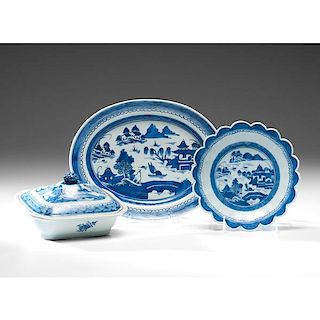 Chinese Export Blue Canton Porcelain Platter, Vegetable Dish, and Bowl 