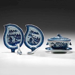 Chinese Export Blue Canton Tureen, Spoon Rests and Spoons 