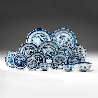 Chinese Export Blue Canton Porcelain Plates and Bowls 