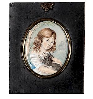 Watercolor Miniature Portrait of Girl with Dog 