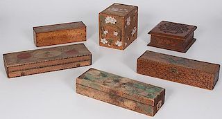 Pyrography Boxes with Painted Floral Decoration, Plus 