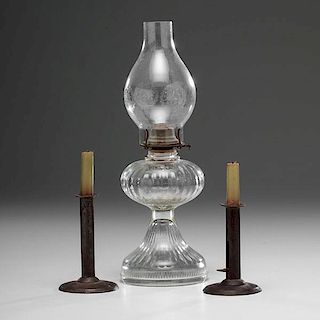 Tin Hogscraper Candlesticks and Glass Oil Lamp 