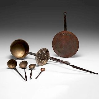 Brass Strainer, Spoons & Copper Spoon and Trivet 