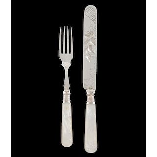 English Mother-of-Pearl & Silver Knife and Fork Set 