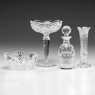 Waterford Crystal Decanter and American Cut Glass Bowl, Vase and Compote 