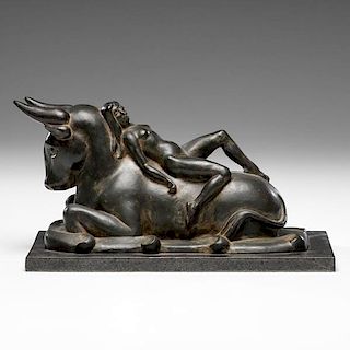 J.D. Olt Signed Bronze Nude Figure on Bull From Greek Mythology
