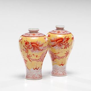 Chinese Yellow Ground and Iron Red Decorated Porcelain Snuff Bottles 