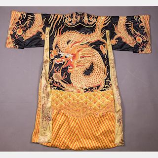 A Chinese Silk Embroidered Dragon Robe, 20th Century,