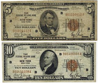 US 1929 $5&$10 FEDERAL RESERVE BANK NOTE