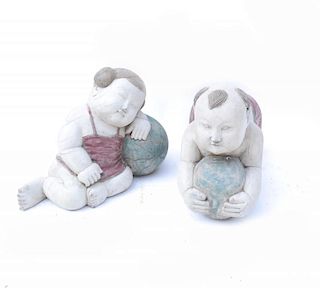 Two Carved Wooden Chinese Babies