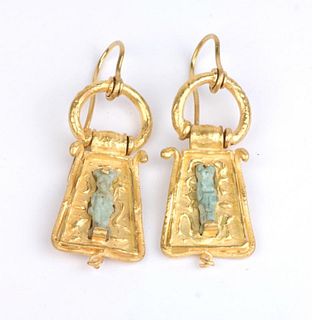 Pair of 22-24k Gold & Faience Earrings