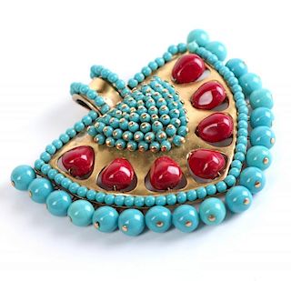 Faux Coral and Turquoise Pendant Brooch