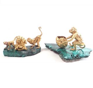 Bronze Monkeys With 2 Malachite Bases