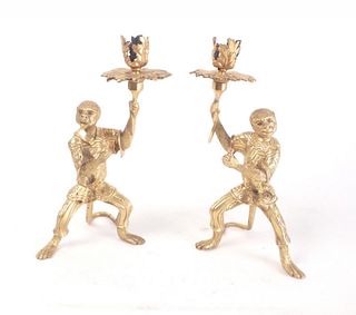 Pair of Bronze Monkey-Form Candlesticks