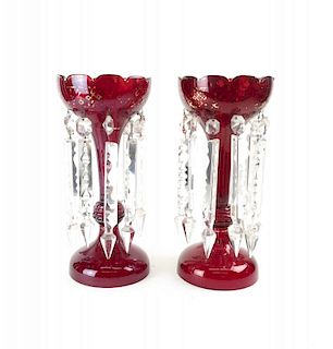 Pair Ruby Glass & Crystal Prism Lusters